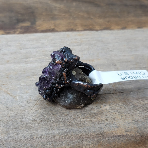 Copper Ring Amethyst cluster size 8.0